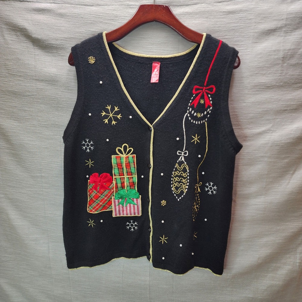 Holiday Time Christmas Sweater Vest Black Gold Trim XL 16-18 Embroidered Gift